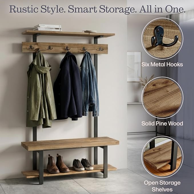 Pomona Solid Wood Entryway Hall Tree - Image 5