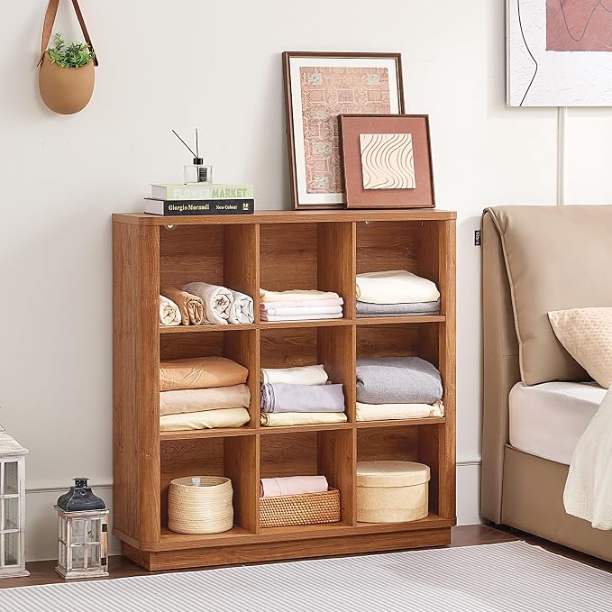 9 Cube Storage Book Shelf, Wood Floor Standing 3-Tier Cubby Bookcase - Image 8