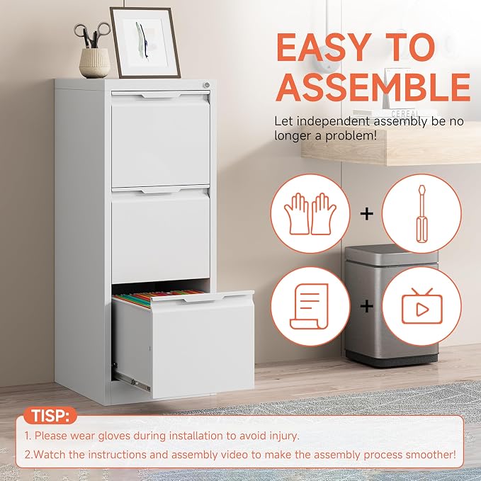 3 Drawer File Cabinet with Lock, Vertical Filing Cabinets - Image 5