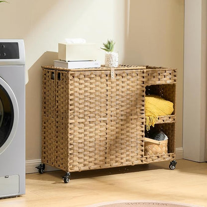 Laundry Hamper with Wheels, 42.3 Gal. Laundry Sorter with Shelves, Rattan - Image 8