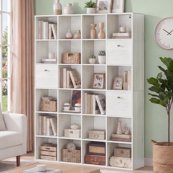Large 24 Cube Storage Bookshelf, Washed White Wood Bookcase - Image 5