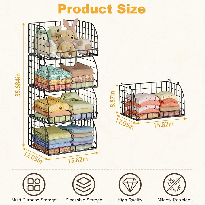 Extended Paragraph Stackable Storage Bins Closet Organizer，4-Pack Wire Baskets - Image 5