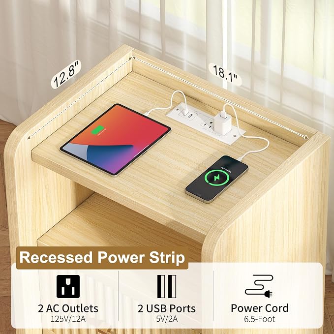 Night Stand with Charger Station, Fluted Wood Nightstand with Drawer Storage - Image 4