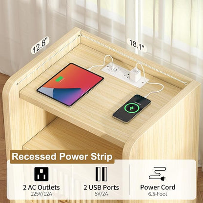 Night Stand with Charger Station, Fluted Wood Nightstand with Drawer Storage - Image 4