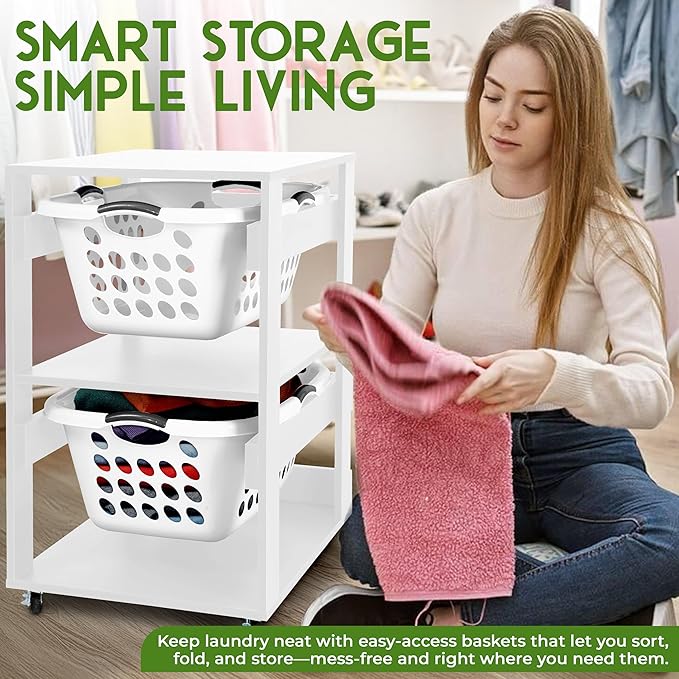 Laundry Basket Holder Shelf – Stackable Engineered Wood Laundry Tower - Image 6