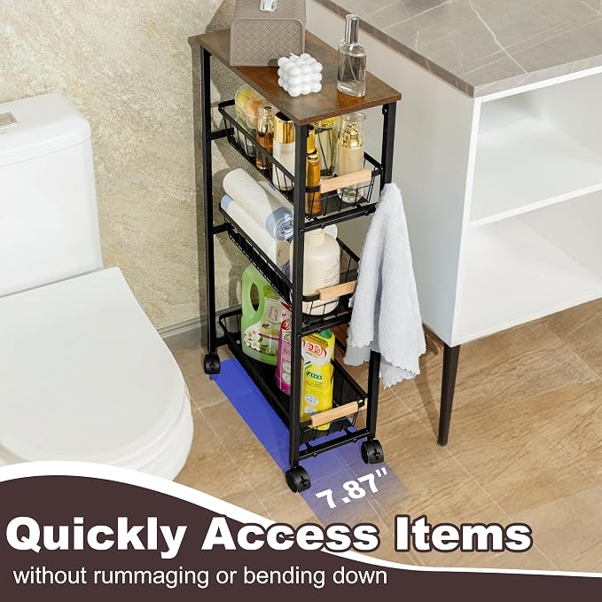 Narrow Rolling Cart with Wheels, 4-Tier Slim Metal Storage Cart with Pull-Out - Image 6
