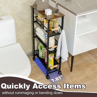 Narrow Rolling Cart with Wheels, 4-Tier Slim Metal Storage Cart with Pull-Out - Image 6