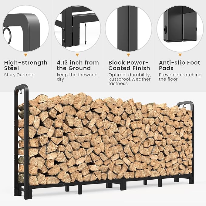 Mr IRONSTONE 8ft Firewood Rack Outdoor Indoor, Upgraded Heavy Duty Adjustable - Image 4
