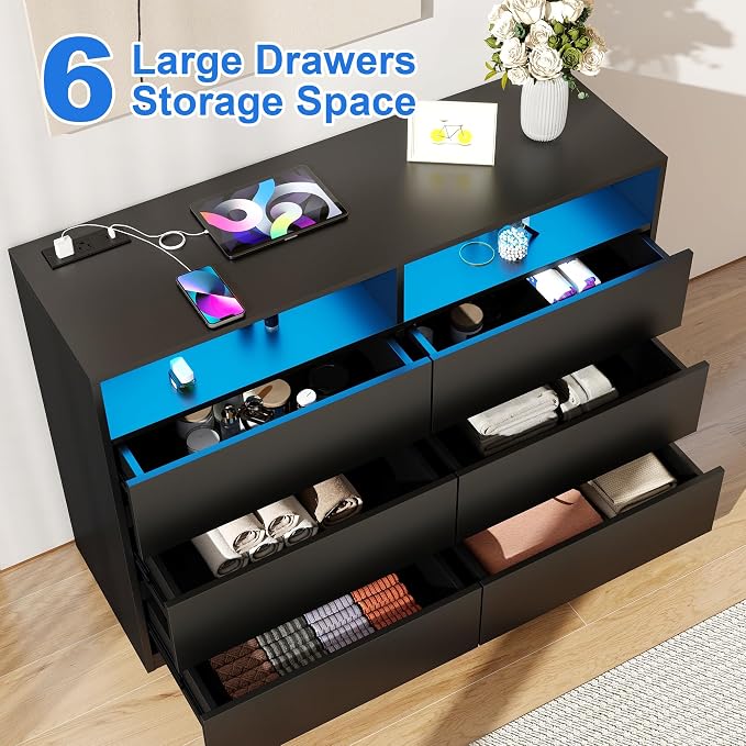 Vipbear 47.2" Black Dresser 6 Drawer - Image 5