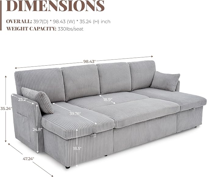 Huatean Home Oversized Sleeper Sofa Couch, 100 inch 2 in 1 Pullout Couch Bed - Image 3