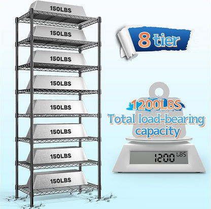 8 Tier Wire Shelving Rack Storage Shelves Loads1200LBS, Adjustable Metal - Image 4