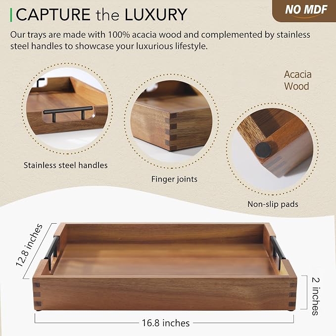 Joy&Grace Ottoman Tray for Living Room, Large Acacia Wooden Serving Tray - Image 3