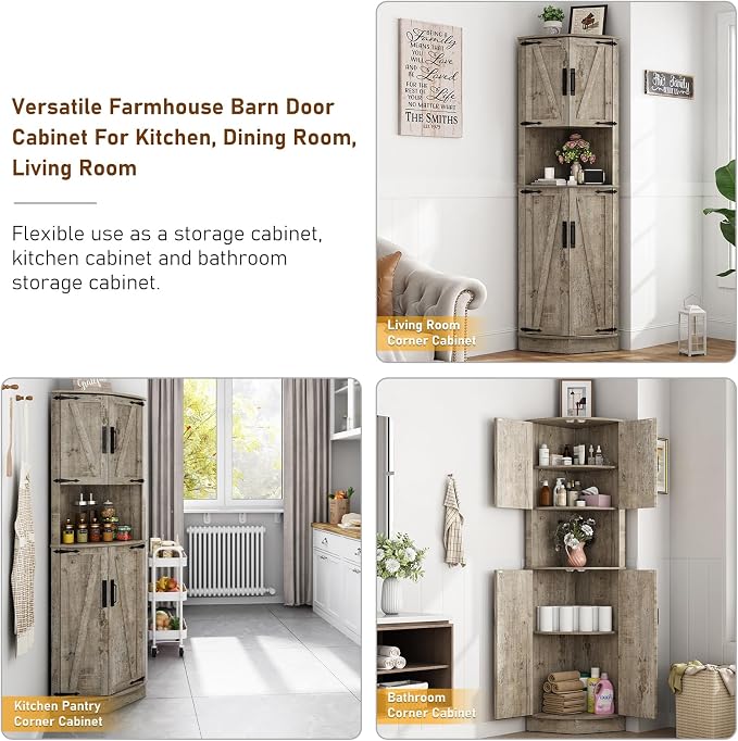 68" Tall Farmhouse Corner Cabinet, Dining Room Storage Cabinet - Image 8