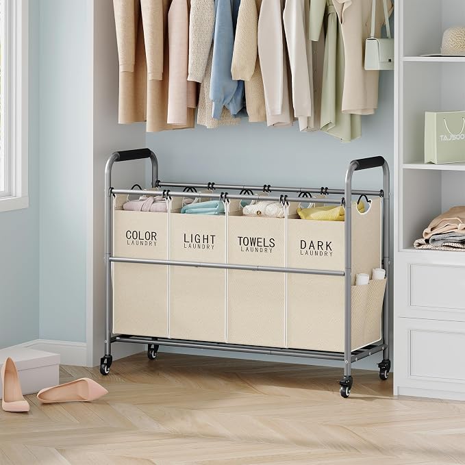 Tajsoon 4 Bag Laundry Sorter Cart, 4 Section Laundry Hamper Sorter - Image 8