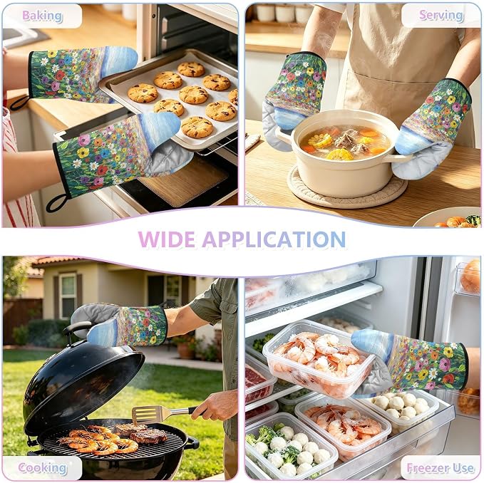 Heat Resistant Oven Mitts, Spring Daisy Colored Flowers Sea Kitchen Gloves - Image 7