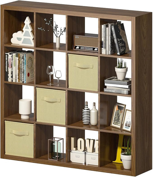 Bookshelf with Storage Bins, 16-Cube Storage Organizer Sturdy Wooden Cube by furtble