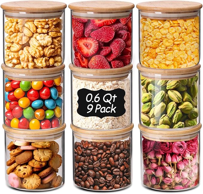 ComSaf 0.6 Qt Glass Food Storage Jars Set of 9, Pantry Organization Jar by ComSaf