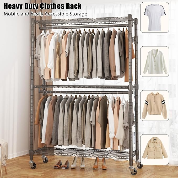 BATHWA Heavy Duty Garment Rack on Wheels, Rolling Clothes Racks - Image 3