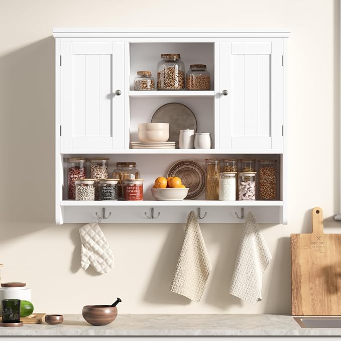 Bathroom Wall Cabinet with Doors and Hooks, 3-Tier Wall Mounted Cabinet | - Image 8