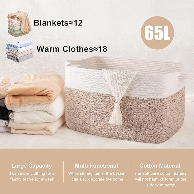 65L Large Storage Basket, Cotton Rope Woven Blanket Basket, Toy Storage - Image 2
