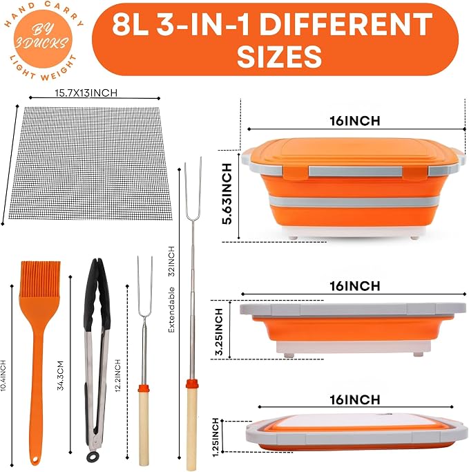 Collapsible BBQ Prep Tub 8L Orange | Portable Meat Marinating Container - Image 2