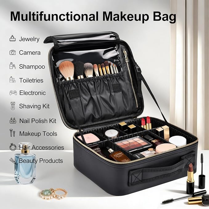 Travel Makeup Bag with Brush Holder, Professional Cosmetic Train Case Organizer - Image 5