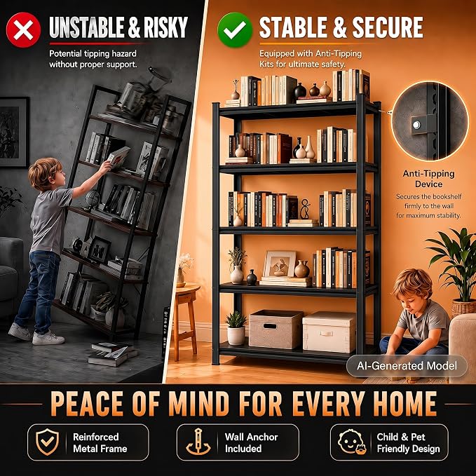 Bolt-Free 4 Tier Metal Bookshelf, 45.5"W Adjustable Tall Bookcase, 1800LBS - Image 5
