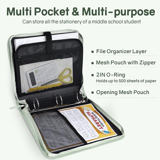 SUNEE Zippered Binder Bag with Handle, 2-Inch 3-Ring O-Ring, 500-Sheet Capacity - Image 3