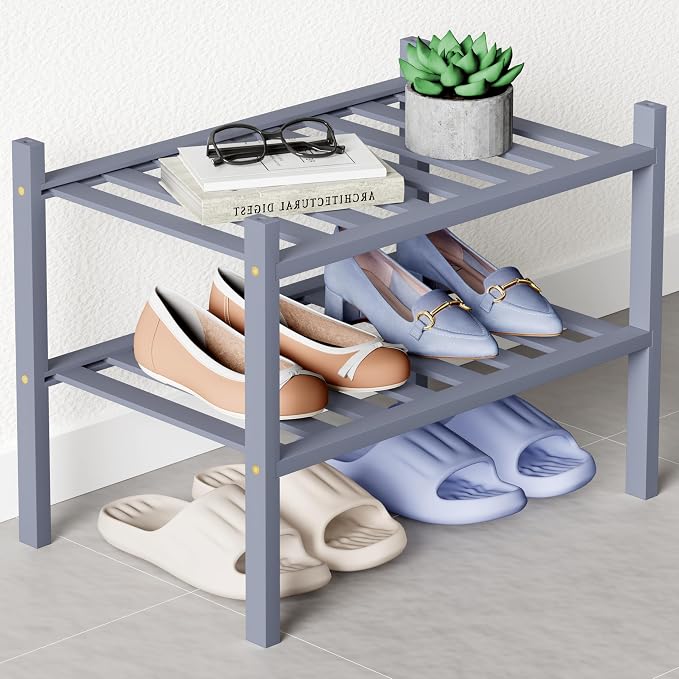 Smiry Bamboo Shoe Rack for Closet, 2 Tier Small Wooden Stackable Shoe Organizer by Smiry