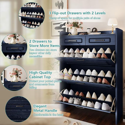 Shoe Cabinet with 3 Large Flip Drawers and 2 Storage Drawers, Narrow Shoe - Image 4