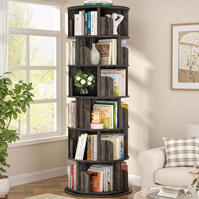 Aheaplus 6 Tier Rotating Bookshelf, Wood Spinning Bookshelf Tower, Round by Aheaplus