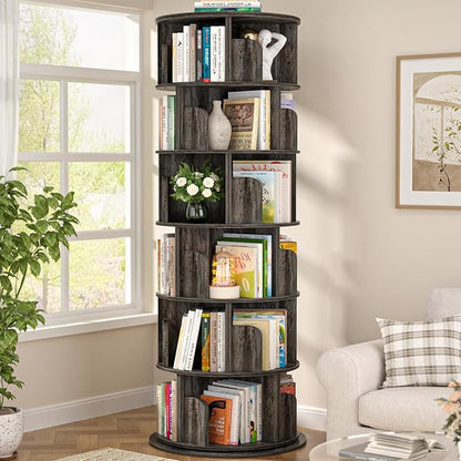 Aheaplus 6 Tier Rotating Bookshelf, Wood Spinning Bookshelf Tower, Round by Aheaplus
