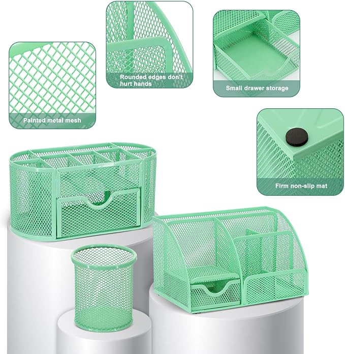 17 in 1 Green Desk Organizers and Accessories Set, 3 Office Desk Supplies - Image 3