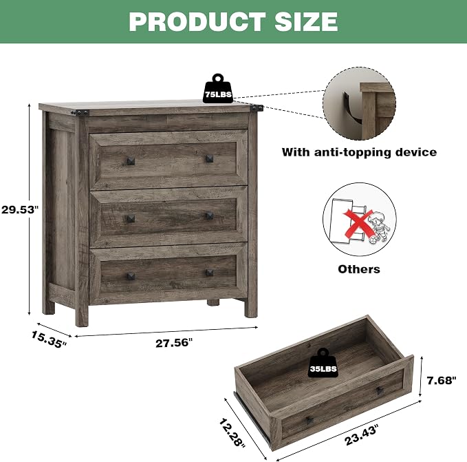 Dresser for Bedroom with 3 Drawers, Small Chests of Drawers, 27.55" Wide - Image 2