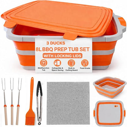 Collapsible BBQ Prep Tub 8L Orange | Portable Meat Marinating Container by Unknown