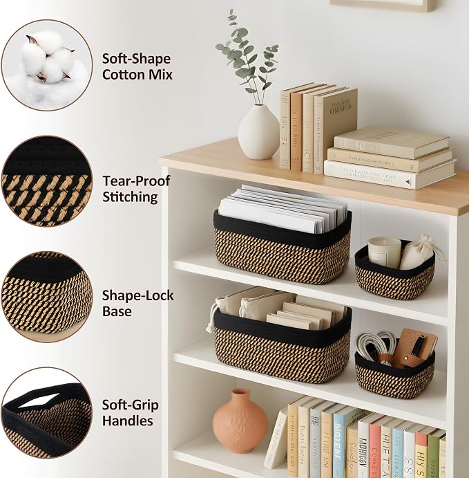 5-Pack Small Woven Rope Storage Baskets, 2 Sizes Organizer Bins | Fabric Cube - Image 3