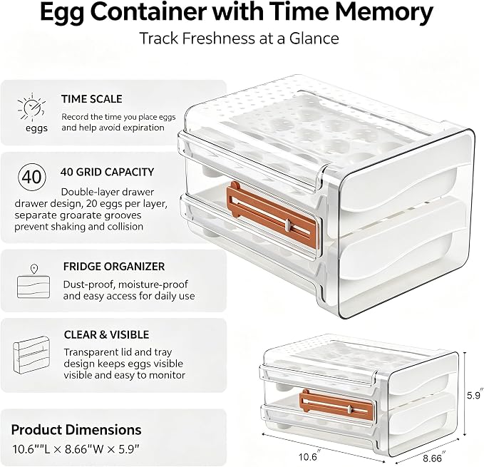 Sooyee Egg Holder for Fridge, 2 Drawers 40 Eggs | Eggs Organizer for - Image 5