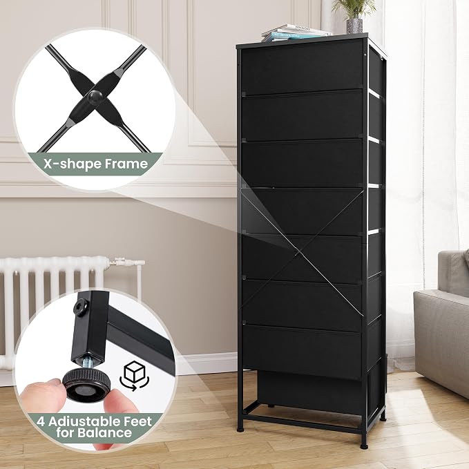 Fabric Dresser for Bedroom, 8 Drawer Tall Vertical Skinny Tower | Wooden Top - Image 5