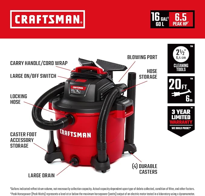 CRAFTSMAN CMXEVBE17595 16 Gal. 6.5 Peak HP Wet/Dry Shop Vacuum - Image 2