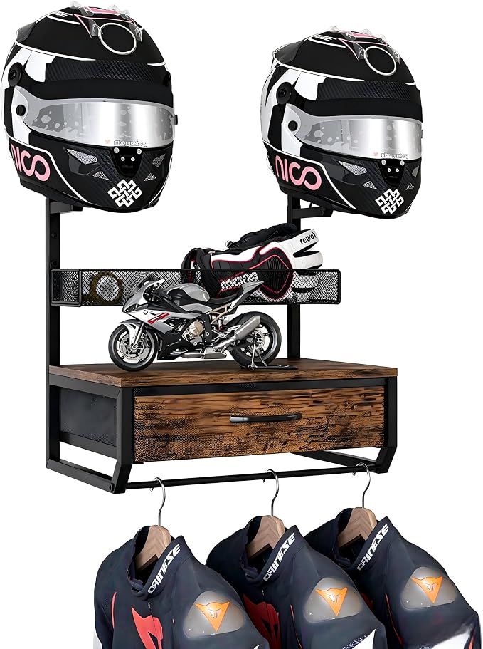 EasyPAG Motorcycle Helmet Holder Wall Mount, 2 Helmet Holder | Drawer and Mesh by EasyPAG