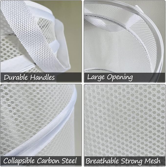 BATTOO 2 Pack White Large Collapsible Laundry Basket Foldable Mesh Pop Up Hamper - Image 4