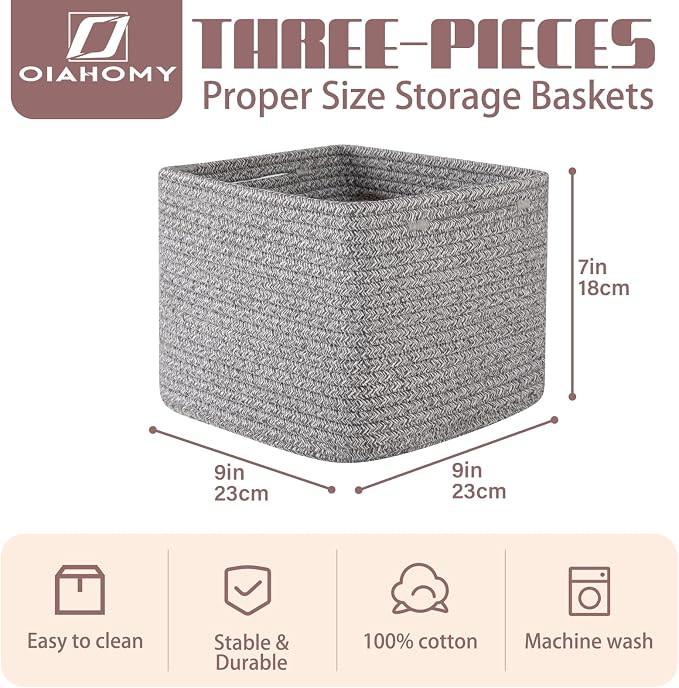 OIAHOMY 9”x9”x7” Storage Cubes, Cotton Rope Woven Baskets - Image 2