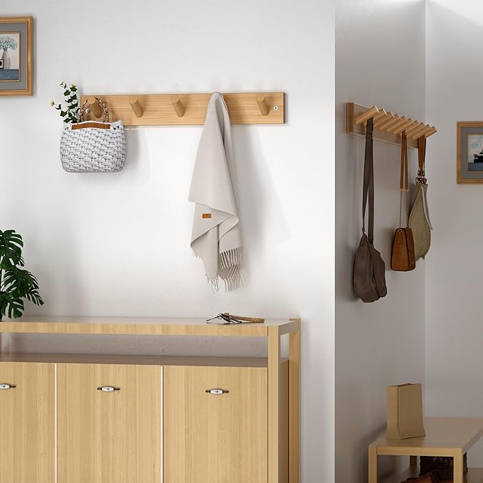 SKOLOO Wooden Wall Mounted Coat Rack, 5 Pegs Bamboo Wall Hook - Image 2