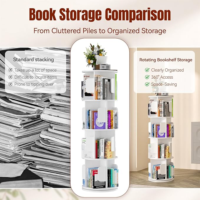 4-Tier 360° Rotating Bookshelf, Round Floor Standing Bookcase - Image 3