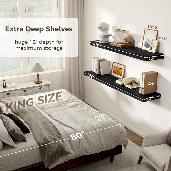 Black Floating Shelves 55 Inch Long, 12 Inch Deep Floating Shelves - Image 3