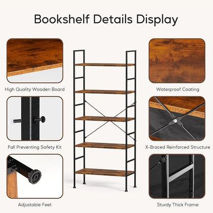 HealSmart 5 Tier Bookshelf, Free Standing Book Shelf Home Office Bookcase Shelf - Image 5