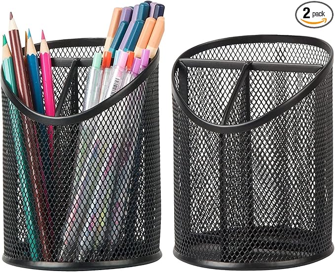 2 Pack Pen Holder Mesh Round Pencil Holder Desktop Organizer 3 Compartments by Delifox