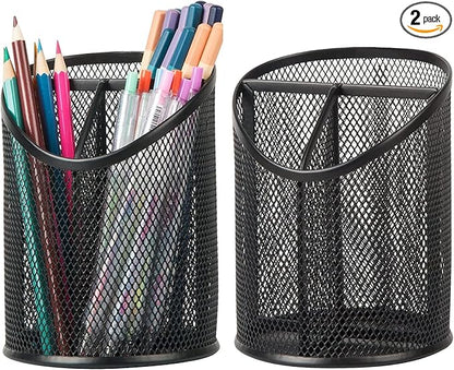 2 Pack Pen Holder Mesh Round Pencil Holder Desktop Organizer 3 Compartments by Delifox