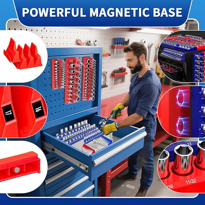 8PS Magnetic Wrench and Socket Organizer Set, Tool Trays 1/4", 1/2" Tool Box - Image 2