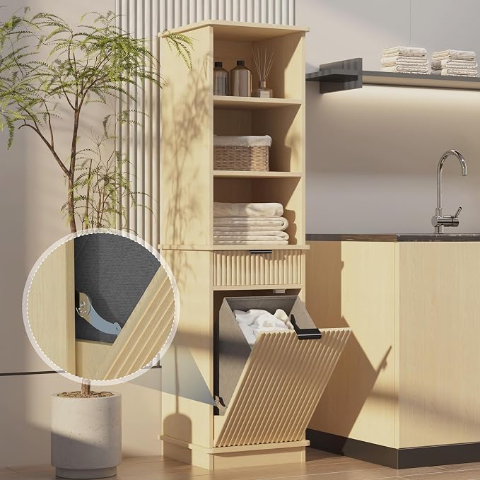 Natural Tilt Out Laundry Hamper Tall Bathroom Storage Cabinet Hidden Laundry - Image 4
